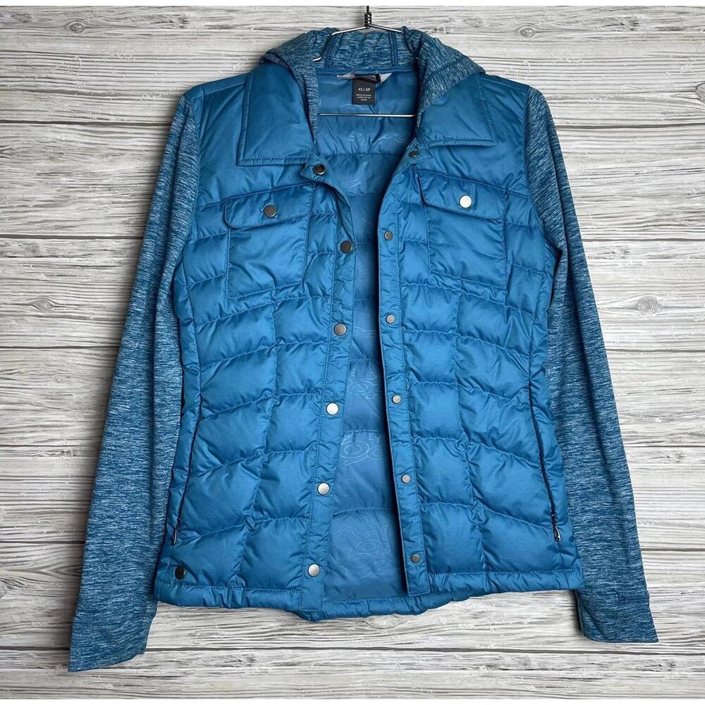 Outdoor Research Womens Plaza Hoody Down Jacket Sz XS Blue Quilted Thumbholes
